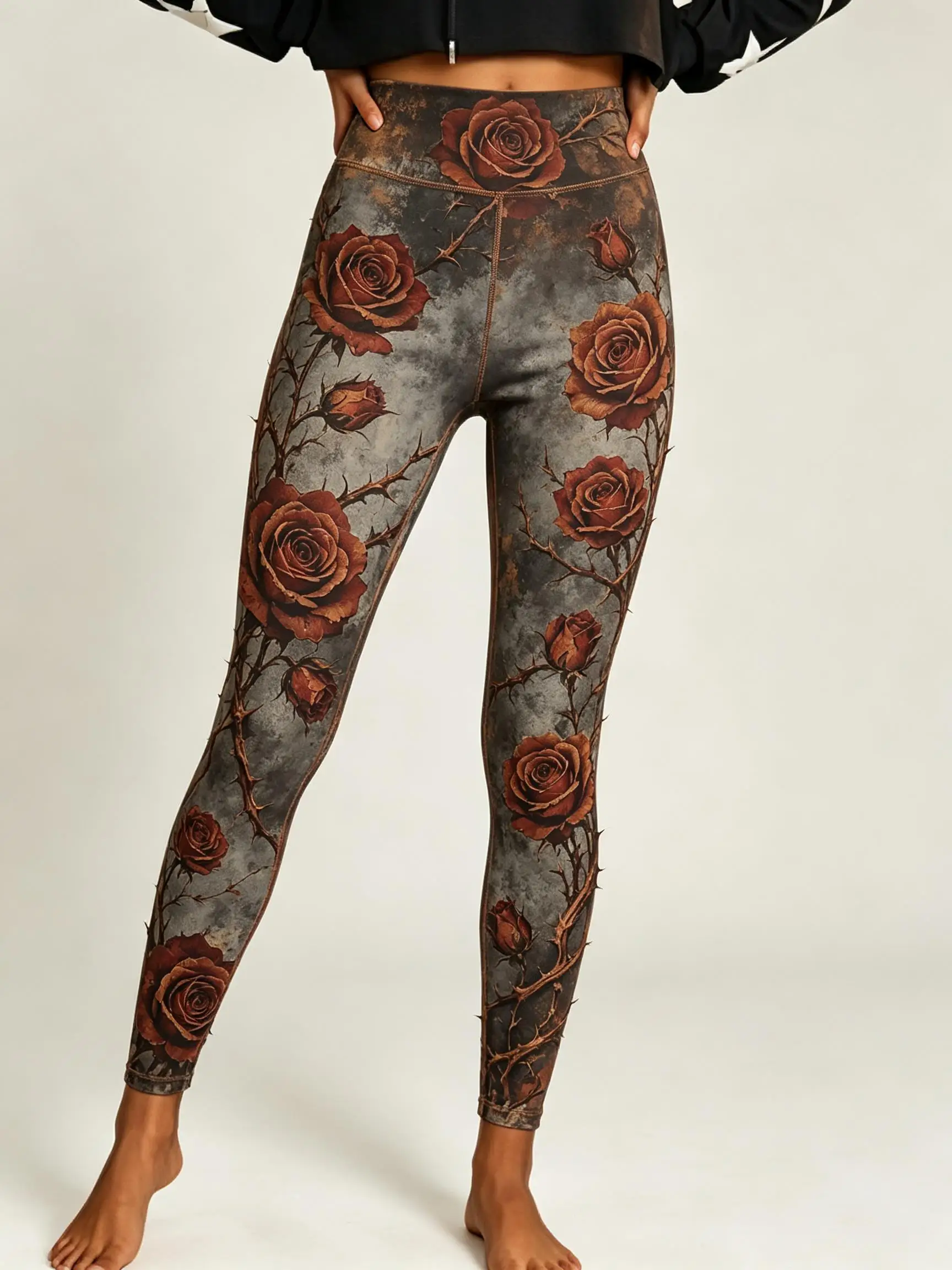 Women Halloween Fleece Mid‑Rise Leggings Red Rose Thorn Floral Full Print Stretch Slim Pants - view 4