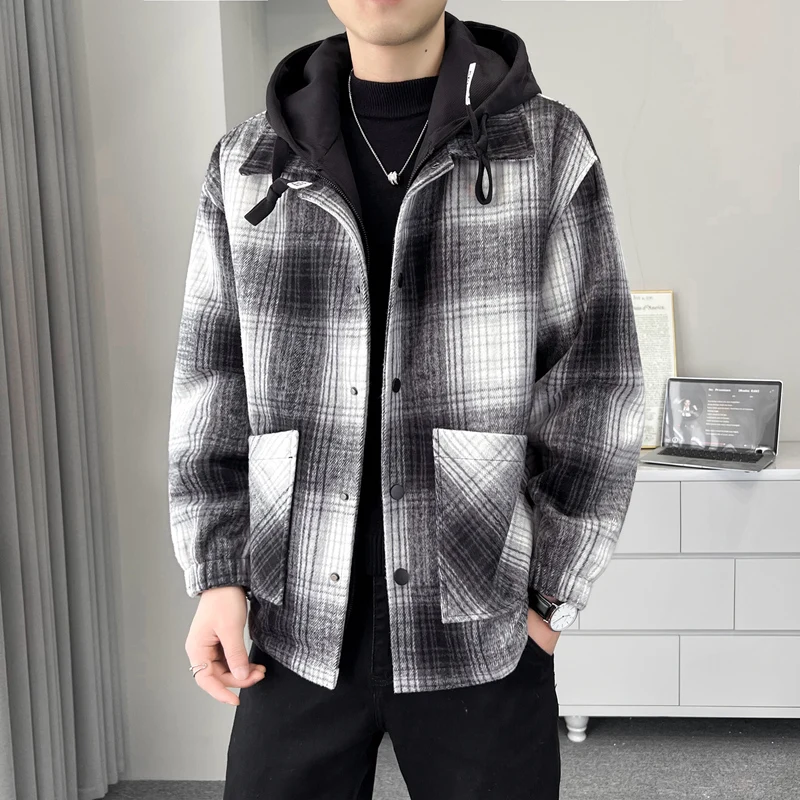 

Retro Fce Lined Hooded Jaet Cardigan Thiened Collar Autumn Winter New Sle Men's Faion Workwear Top Zipper Closure