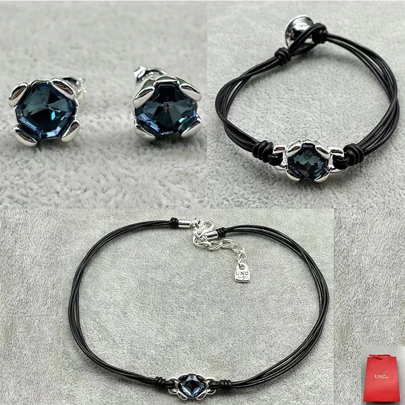 2024 Spain UNOde Sweet Beautiful Brilliant Transparent Quadrangle Blue Crystal Jewelry Set for Women's Gift