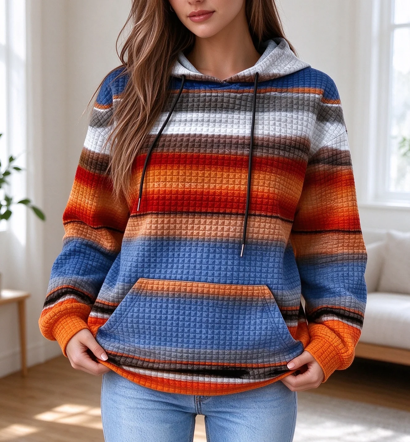 Plus Size Women Striped Color Block Hoodie, Waffle Knit Drawstring Hooded Sweatshirt with Pocket, Casual Loose Long Sleeve Tops