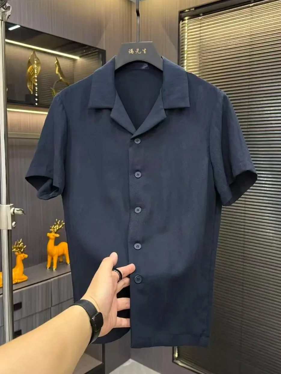 Summer New Men's Casual Cuban Collar Short Sleeve Shirt Versatile High-End Feeling Personality Match All Seasons Antibacterial