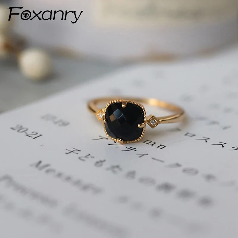 Foxanry Gold Color Black Zircon Rings For Women Couples Minimalist Fashion Classic Elegant Vintage Engagement Jewelry Gifts