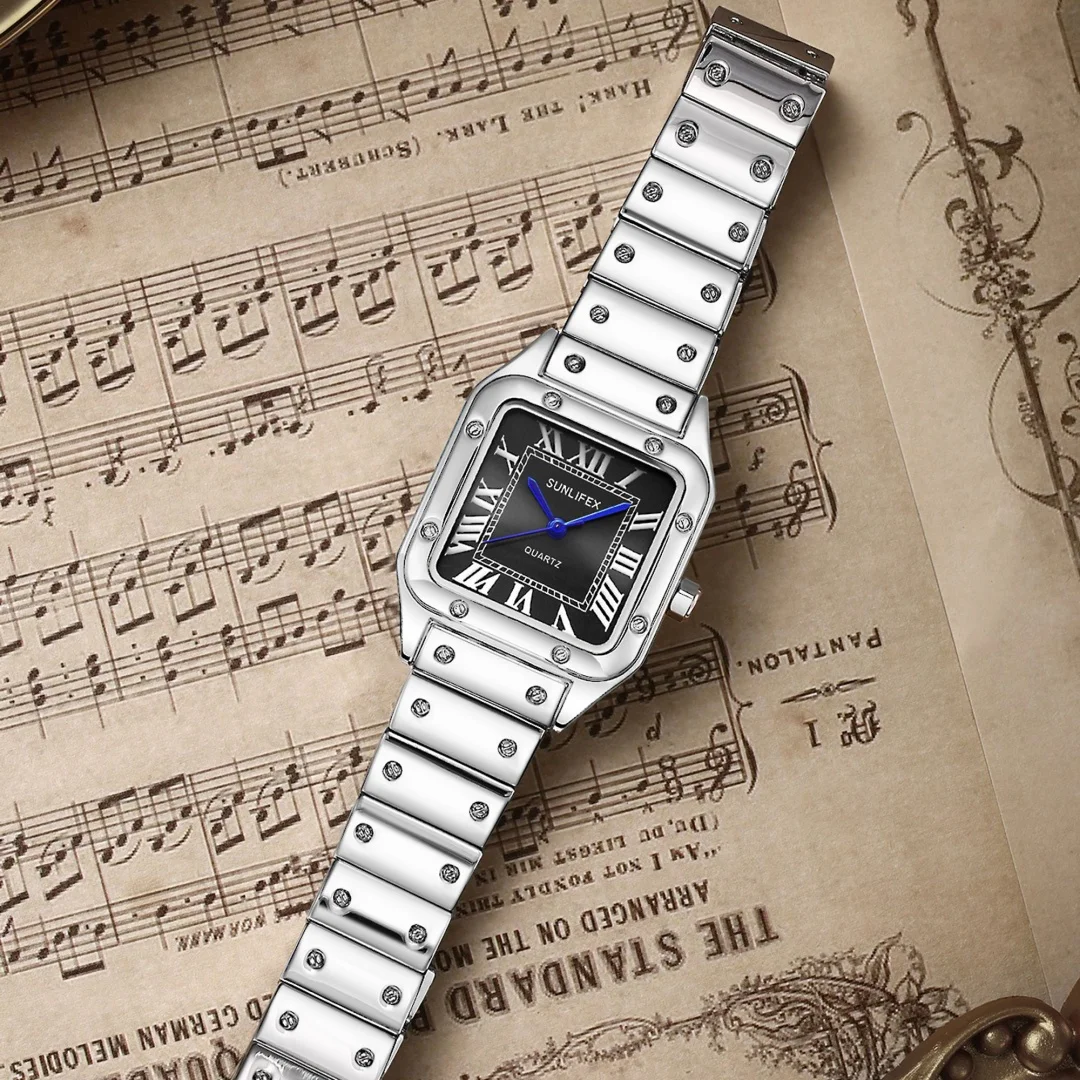 Relojes de marca para mujer, números romanos cuadrados simples, reloj de cuarzo para mujer, correa de acero inoxidable, reloj de pulsera para mujer