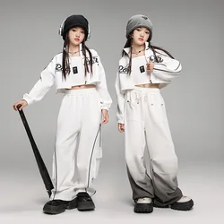 Kid Cool White Hip Hop Clothing Zip Up Crop Jacket Coat Top Casual Pockets Wide Sweat Pants for Girl Jazz Dance Costume Clothes