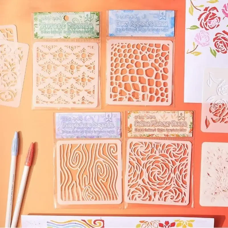 6개 PET 템플릿 공예 스텐실 꽃 카드용 스텐실 학교 과제 및 예술적 표현