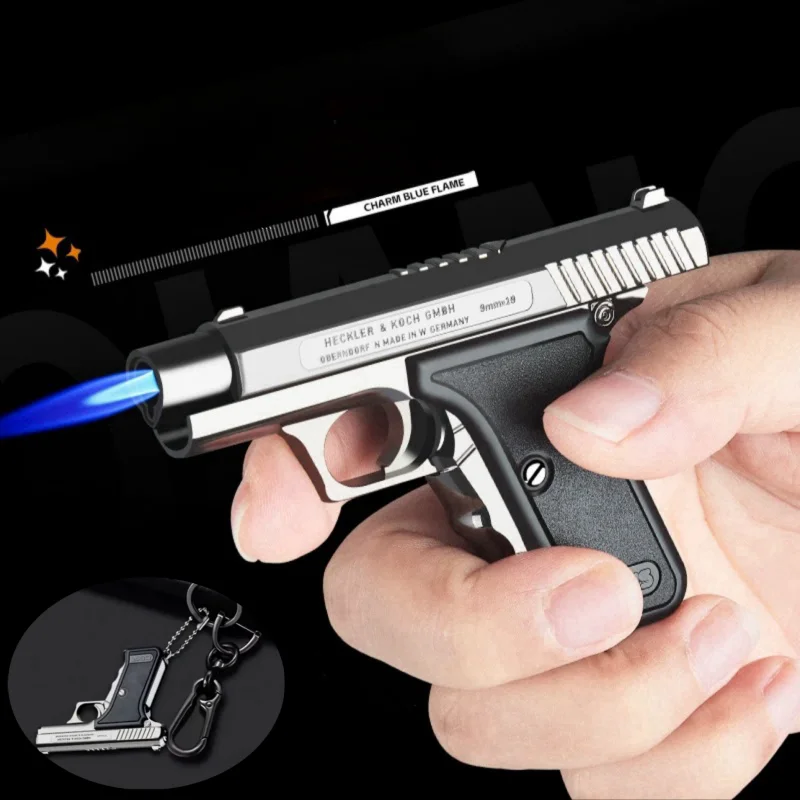 New Metal Mini Inflatable Pendant Lighter Outdoor Gun Shaped Windproof Jet Flame Torch Portable Lighter Men's Smoking Gift