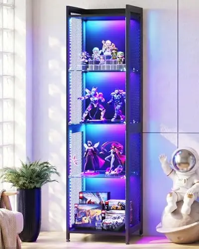 Display Case with LED Lights, Display Cabinet with Open Glass Shelves for Small Space, 4-Tier Corner Display Shelf with