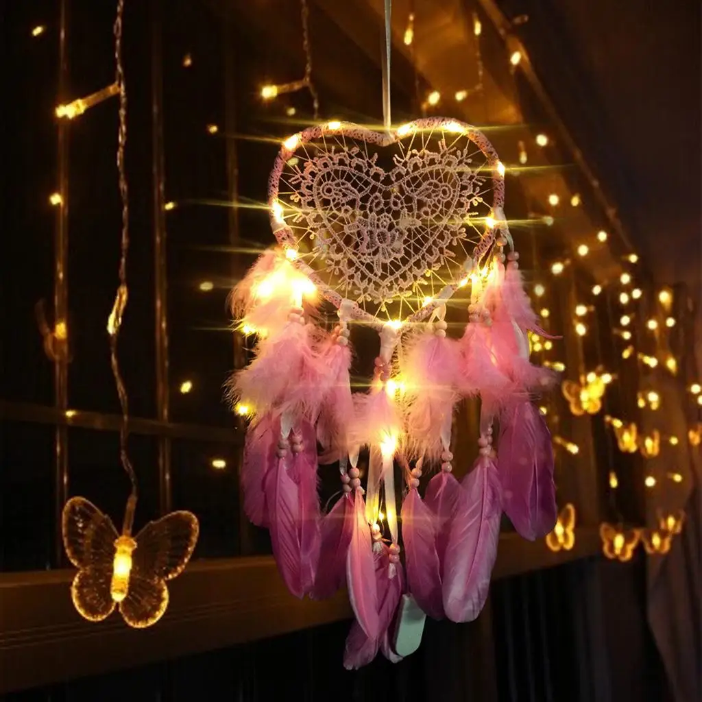 Hanging Dream Catcher Ornament Car Living Room Pendant Pink with LED Light