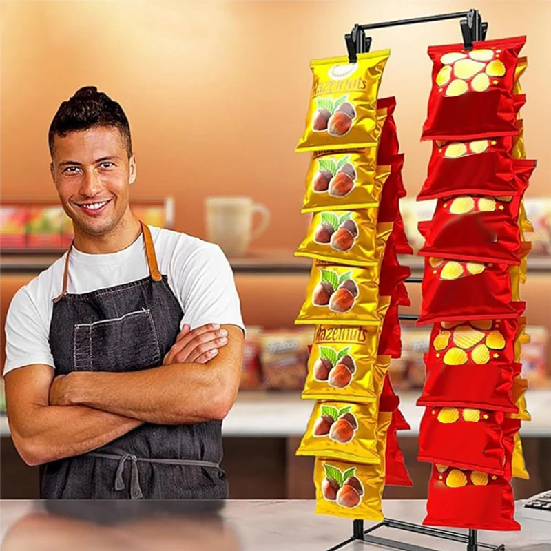 حامل عرض رفوف الرقاقة AB66، حامل حقيبة رف رقاقة البطاطس مع 32 مشبكًا، حامل عرض رقاقة الصف للحفلات، عرض الوجبات الخفيفة