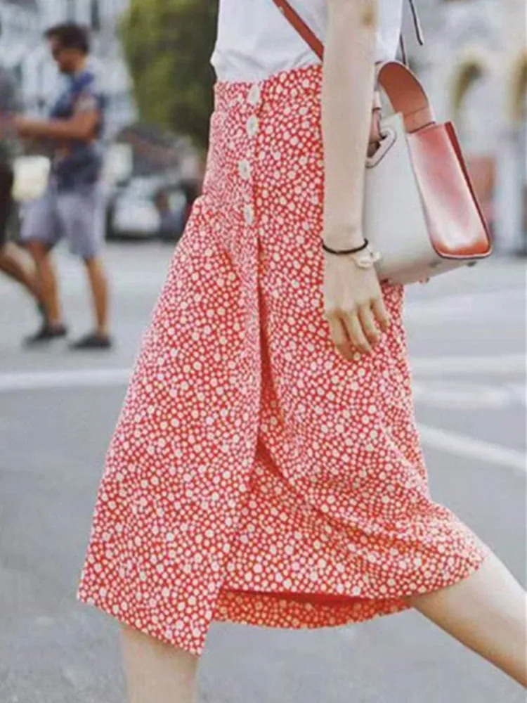 Lady Slit One Piece Buttons High Waist Jupe Women Red Romantic Daisy Midi Skirt