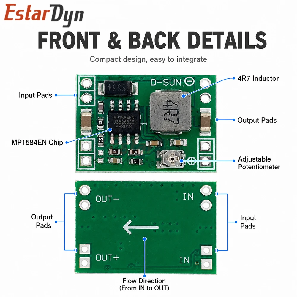 Estardyn 1/5/10pcs MP1584EN 3A Ultra-Small DC-DC Step Down Adjustable Voltage Regulator Module 24V/12V/9V/5V/3.3V for DIY