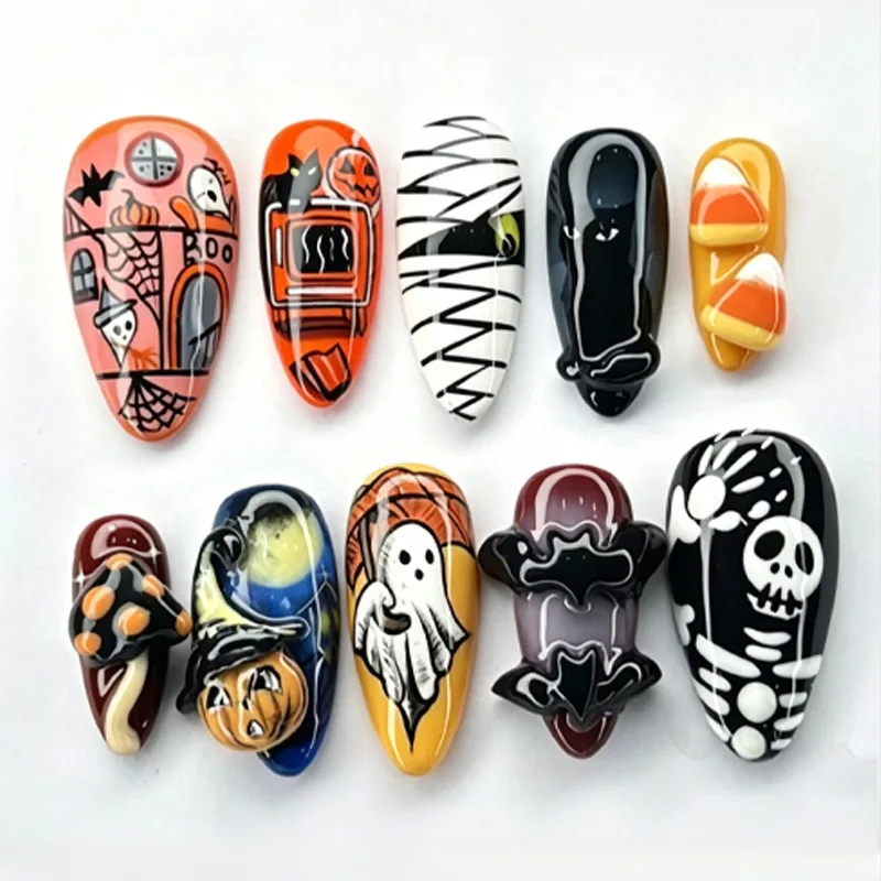 24PCS Almond Press on Nails Halloween False Nails with Cute Pumpkin Ghost Bat Skeleton Mummy Candy Corn Design Fake Nails Spooky