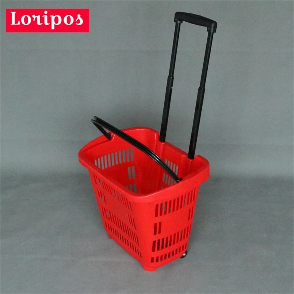 Plastic Shopping Basket With Handles Wheel Supermarket Shopping Cart Convenience Store Shopping Cart Store Storage Fixture