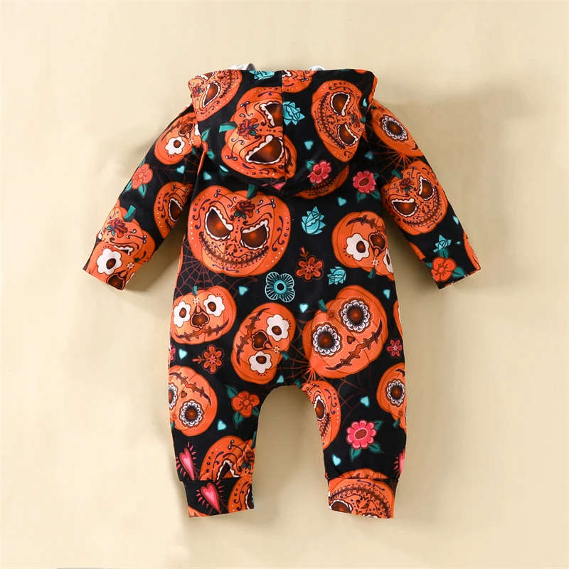 Baby Kids Halloween Clothes Jumpsuit Hooded Pumpkin Rompers Long Sleeve Onesies Autumn Outwear Outfits Button Unisex Infant