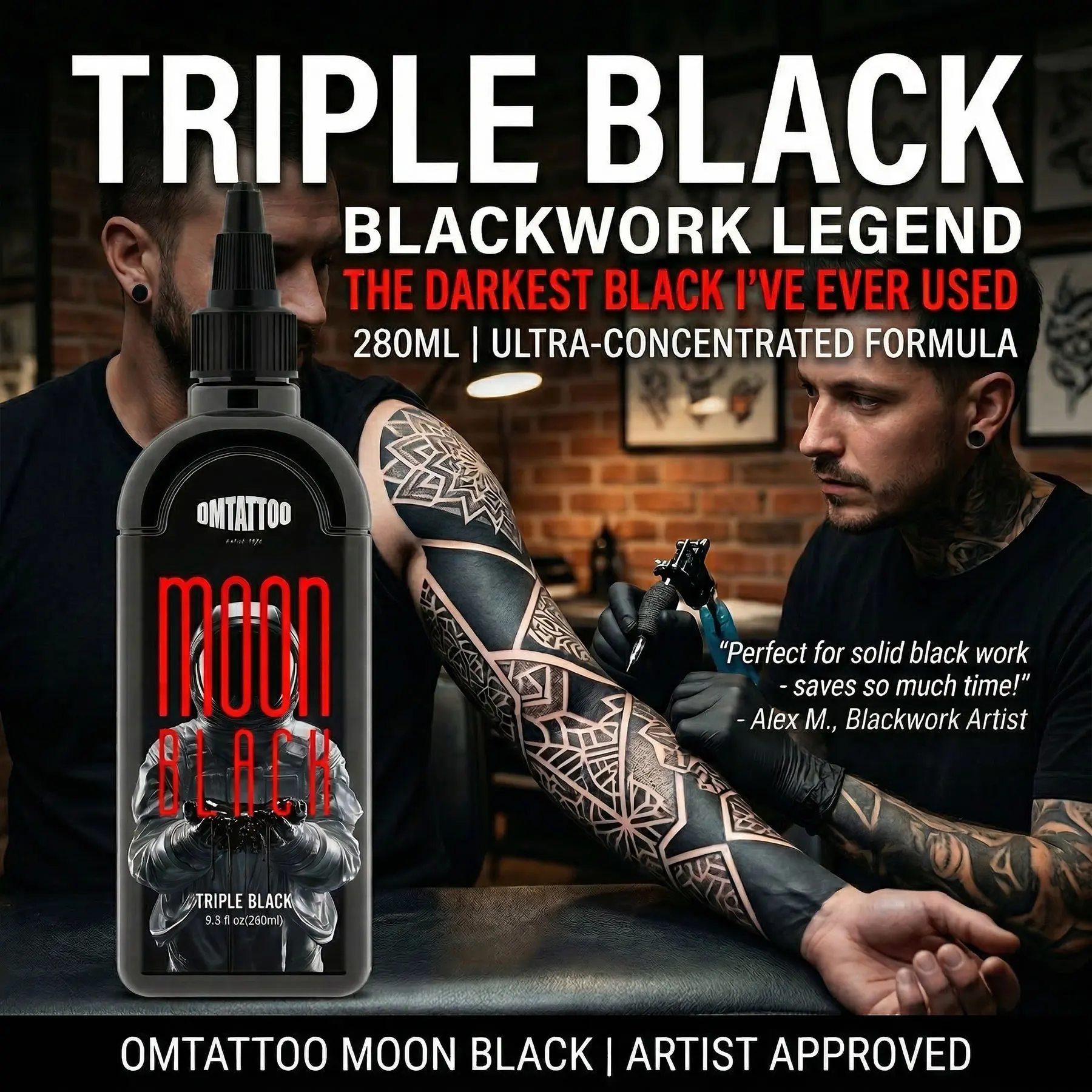 

DM 9.5oz/280ml Moon Tattoo Black Ink Triple/ Lining/ Shading Black Pigment Premium Tattoo Ink Drawing Teng Black Tattoo Pigment