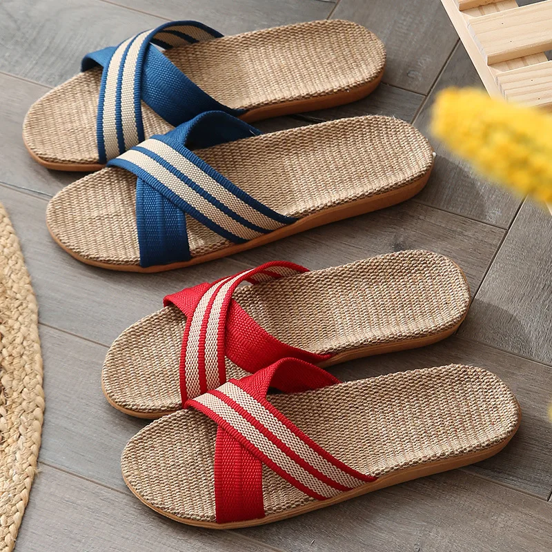 Men Shoes Anti-slip Slippers Linen Home Indoor Open Toe Flat Shoe Beach Slippers Striped Spliced Rubber Sandals Pantoufle Homme