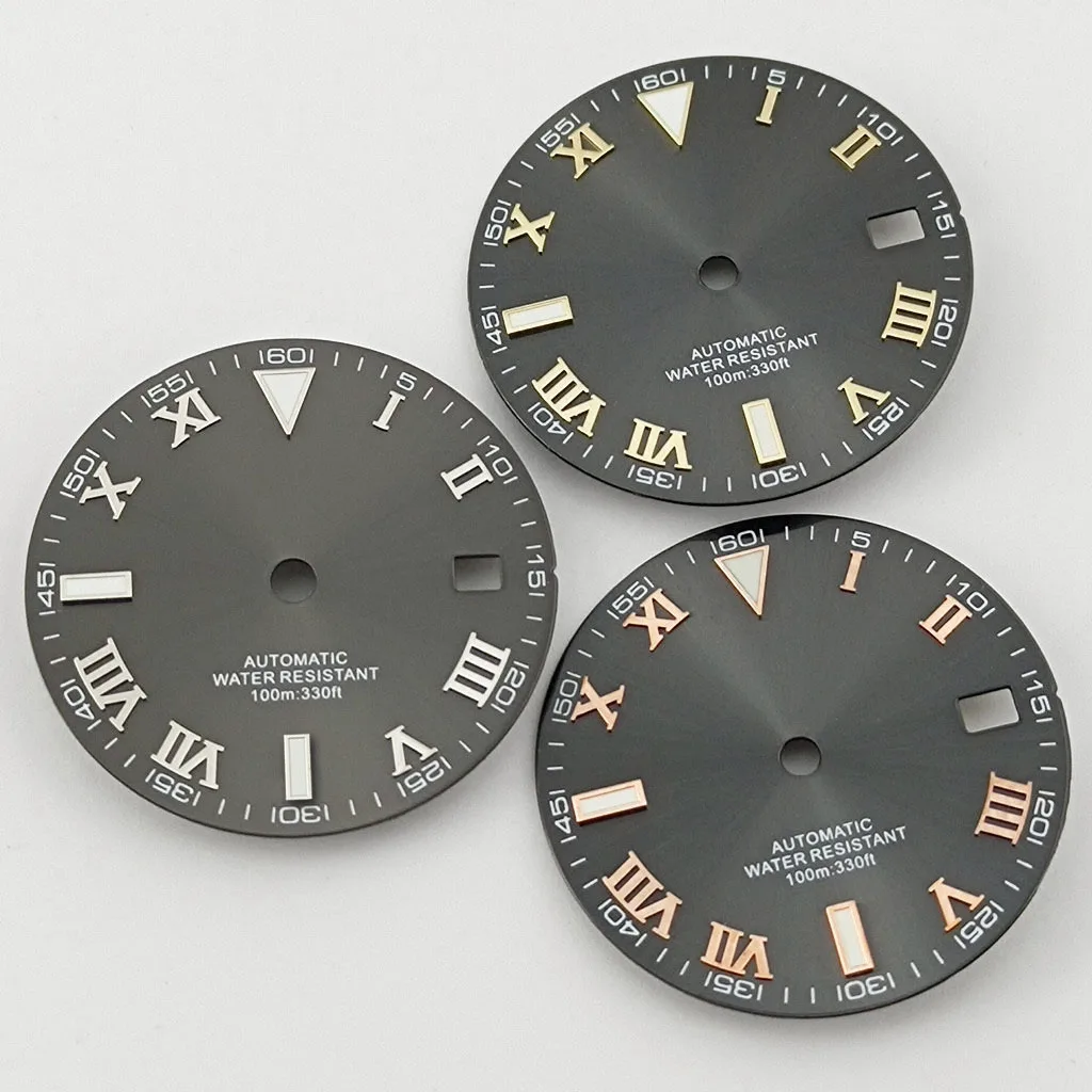 Goutent 29mm Sterile Gray Roman Numeral Watch Dial Green Luminous Fit NH35 Automatic Movement