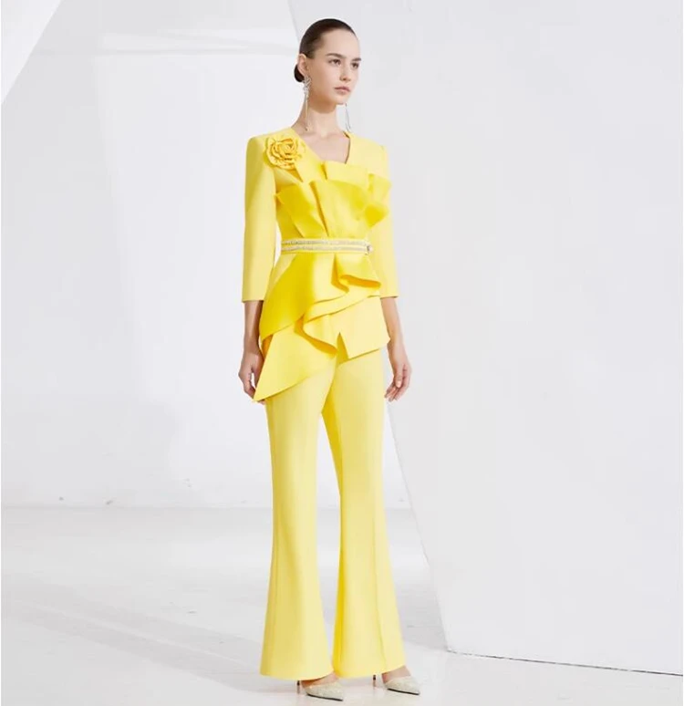 new spring autumn Banquet Moderator brand female women girls yellow coat pants sets suits clothing