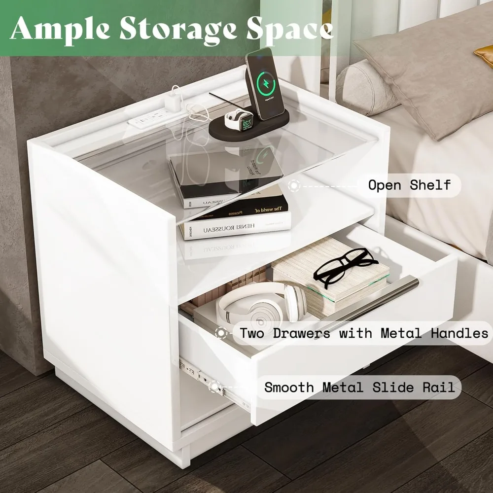 زوج من 23.6 طاولات بجانب السرير حديثة مع قاعدة شحن، ولمسة نهائية عالية اللمعان وسطح زجاجي، وأدراج واسعة #4