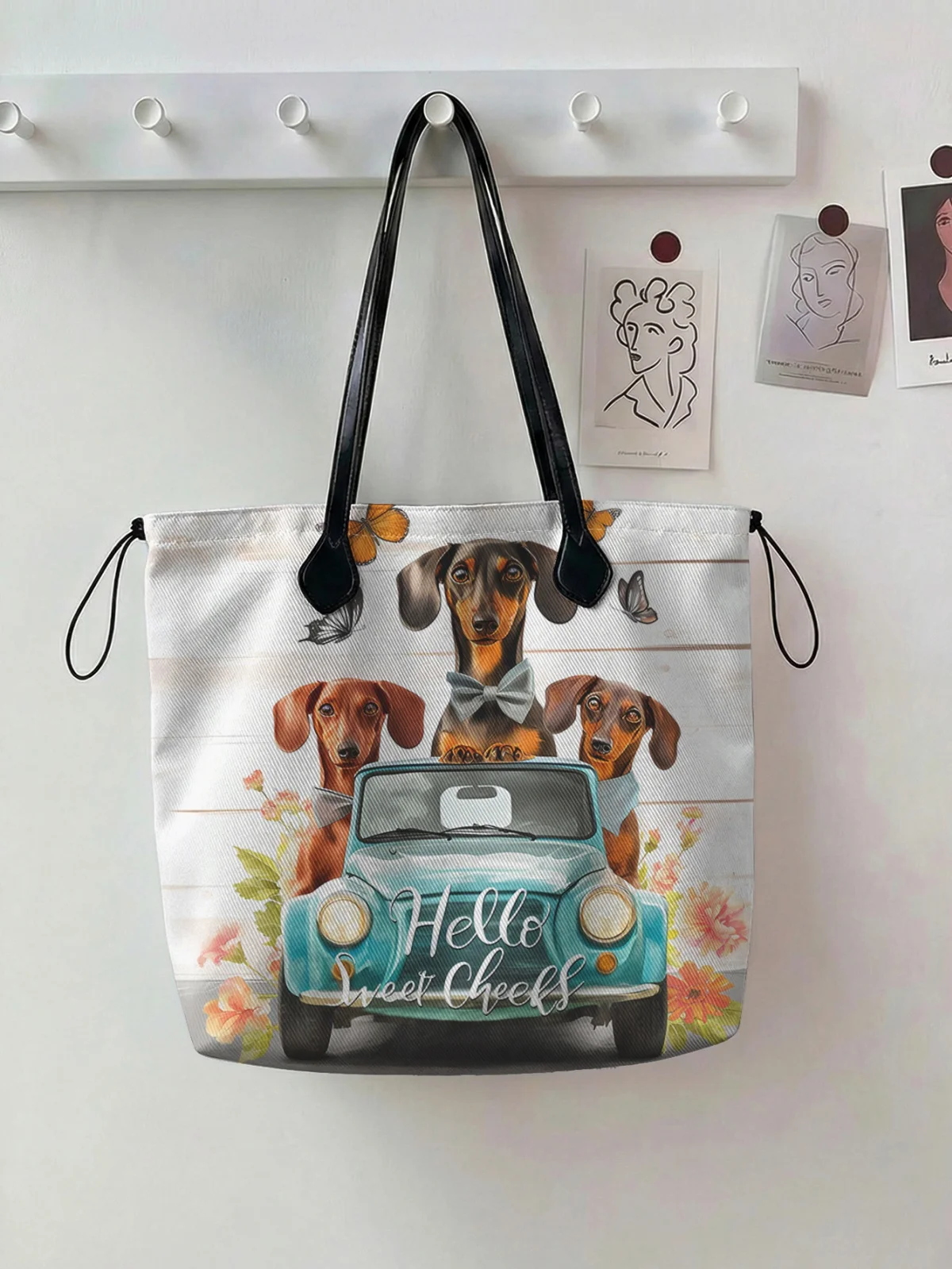Dog print handbag for women, large capacity leather handle shopping bag, casual shoulder bag