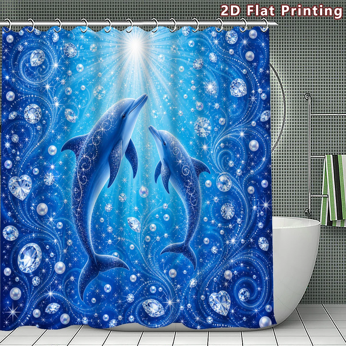 Blue Sparkle Dolphin Shower Curtain, Two Dolphins Swirl Among Diamonds and Pearls, Waterproof Bathroom Home Decor Curtain