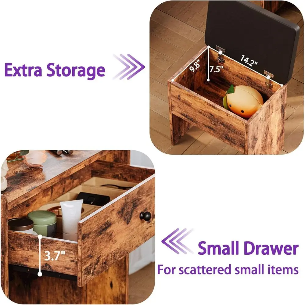 Toaletka w stylu vintage w kolorze brązowym z lustrem, oświetleniem, miejscem do przechowywania, krzesłem i 3 półkami