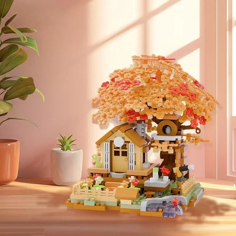 600+ Teile Vierfarbiger Kirschblüten-Baumhaus-Baustein-Bausatz, Schlafzimmer- und Arbeitszimmer-Montage-Display, Weihnachtsgeschenk (ohne Box) – Detail 4