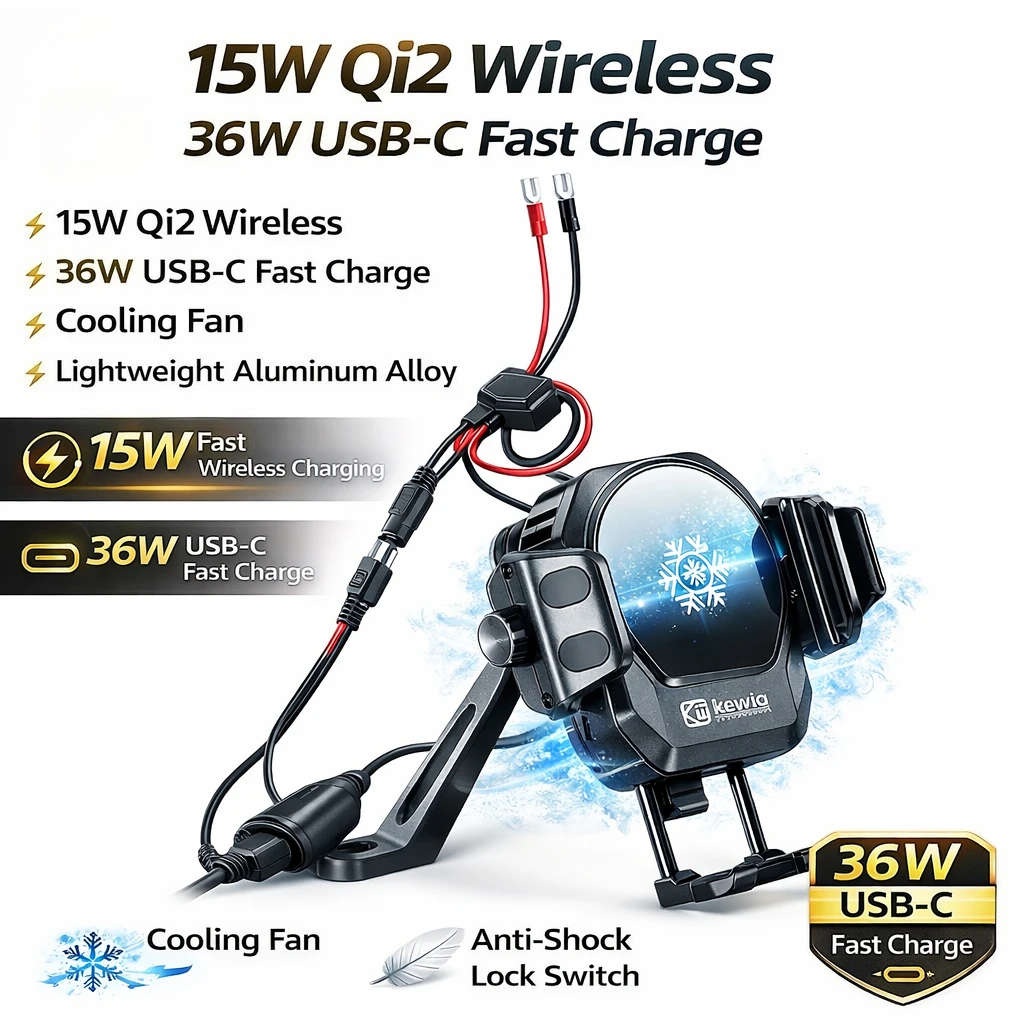 

Motorcycle Phone Holder Cooling Fan 15W Wireless Charging 36W USB-C Fast Charge Anti-Vibration Bike Phone Mount