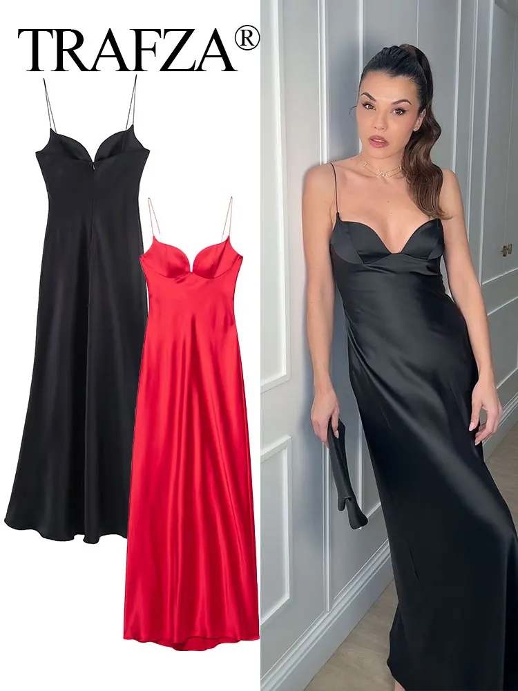 

TRAFZA Women's Elegant Evenning Party Midi Dress Satin Texture Pleated Sleeveless V-Neck Back Zipper Solid Fashion Sling Dresses