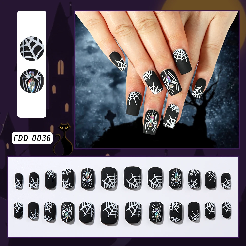 24 pièces noir Halloween presse sur ongles avec diamant toile d'araignée conception faux ongles conseils court carré portable Y2K faux bout des doigts 1