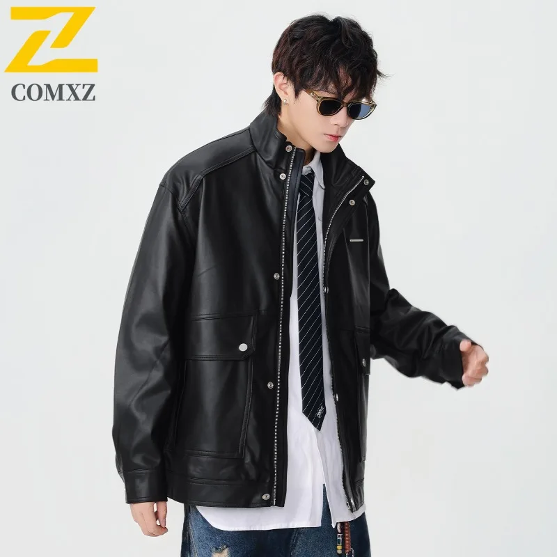 COMXZ 2025 スタンドカラーワークウェアレザージャケット メンズ 秋冬 ビッグポケットワークジャケット トレンド 日本風 ヴィンテージ 価格管理 219