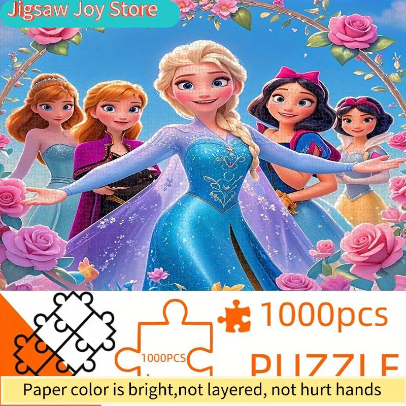 

1000pcs Princess Puzzle - Elsa, Anna, Snow White, Mulan & More - Vibrant Fairy Tale Scene with Roses & Butterflies - Ideal for