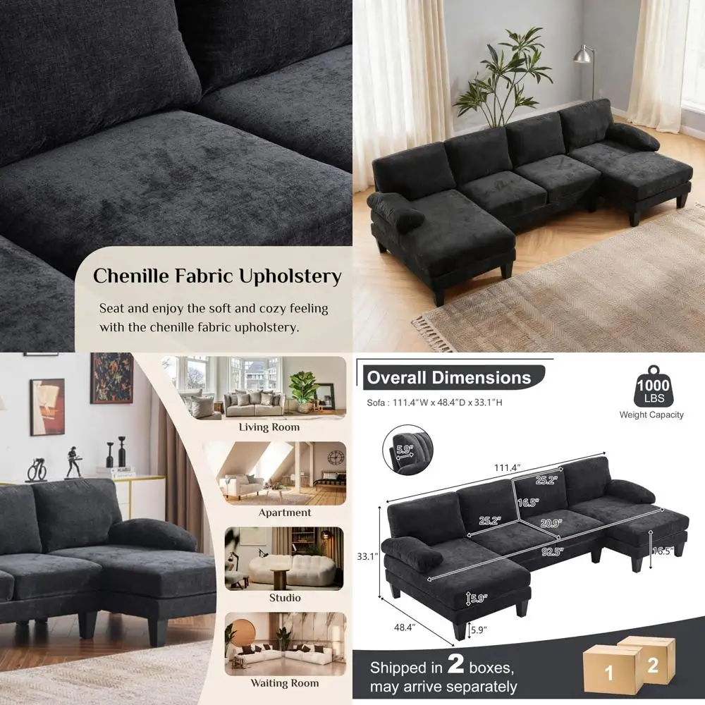 

4-Seat U-Shape Sectional Sofa with Chaise, Chenille Fabric, Convertible, Wood Grain Legs for Living Room in Black
