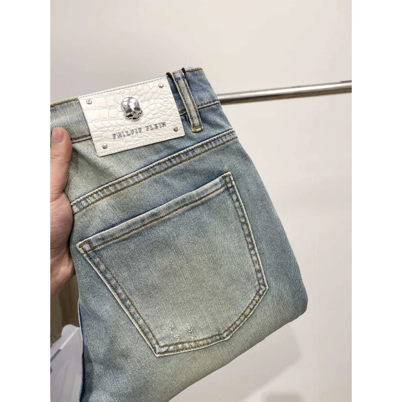 Light Blue Jeans Men's Broken Hole Design Trendy High-End Slim-Fitting Small Straight Stretch Casual All-Matching Retro Pants