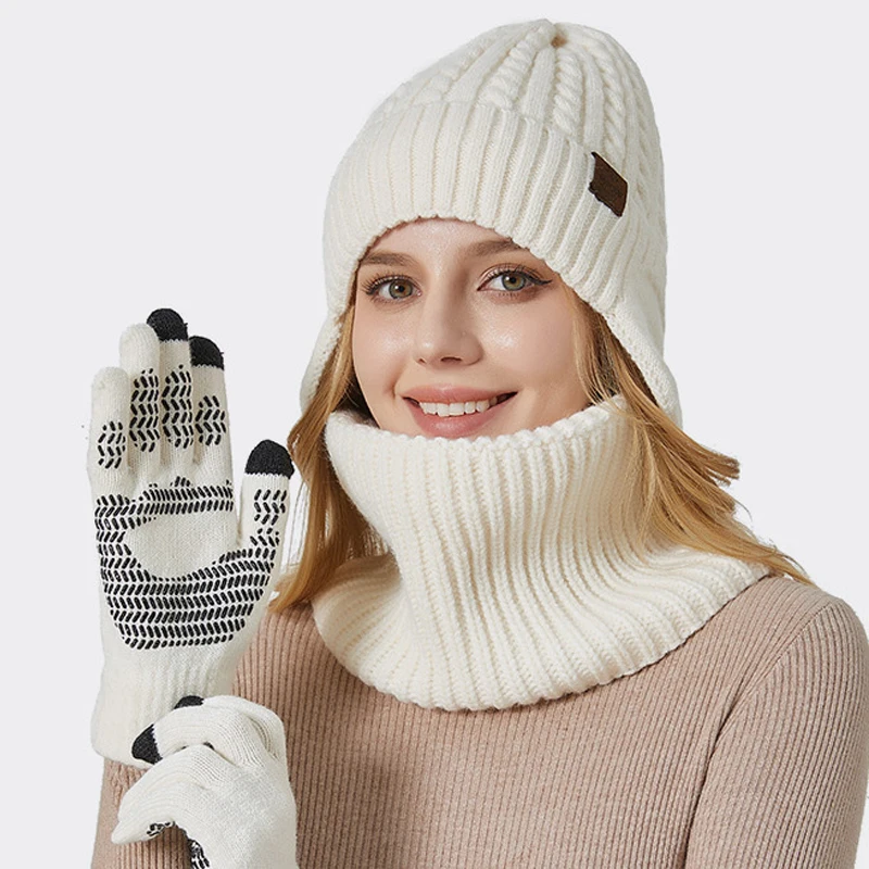 3Pcs Winter Plush Scarf Hat Gloves for Women Men Ear Protection Knitted Beanies Touch Screen Glove Warm Neck Scarves Woolen Suit