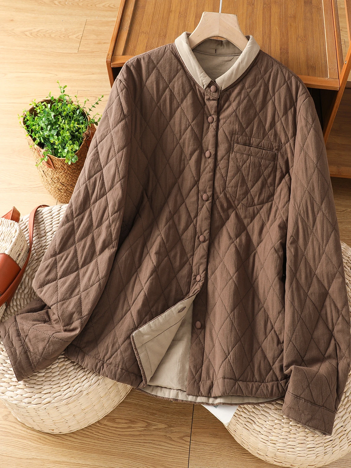 

Loose Fit Lightweight Cotton Jaet Korean Sle Diamond Patterned Contrast Color Ladies Coat Warm Cotton Outerwear for Autum...