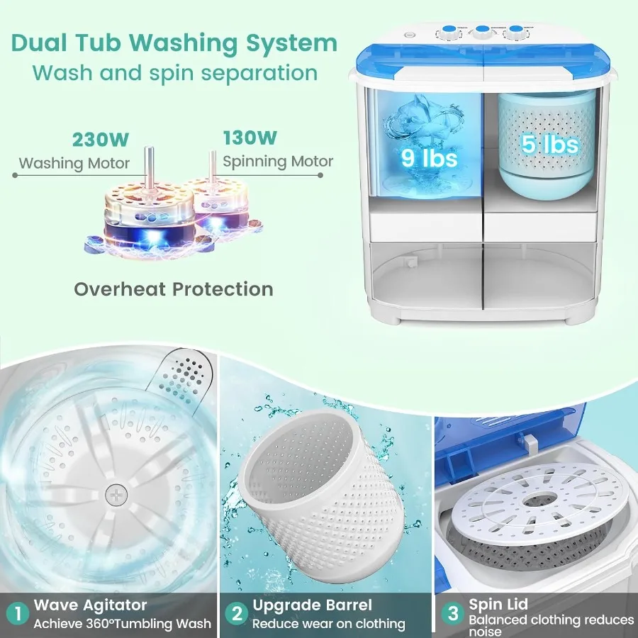 14 Lbs Portable Washing Machine for Apartment RV Dorm and Small Spaces Compact Top-Load Design with 9 Lbs Washer and 5 Lbs Spin