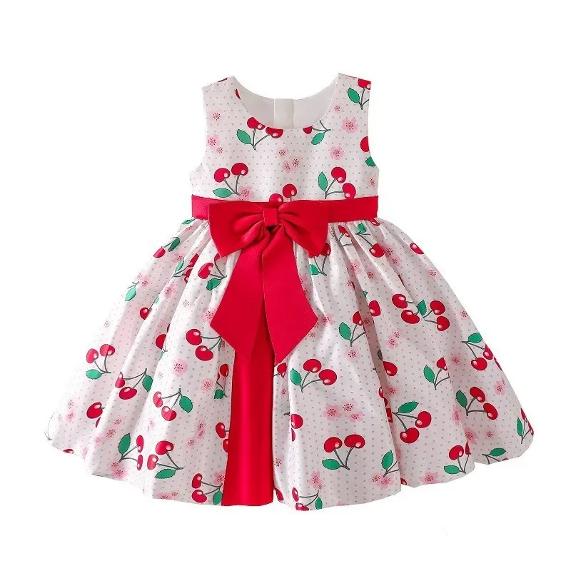 Girls' Princess Dress Cherry Printing Sleeveless Child Girl Dress Cotton Kids Clothes for Birthday Party Toddler 2 to 7 yeras