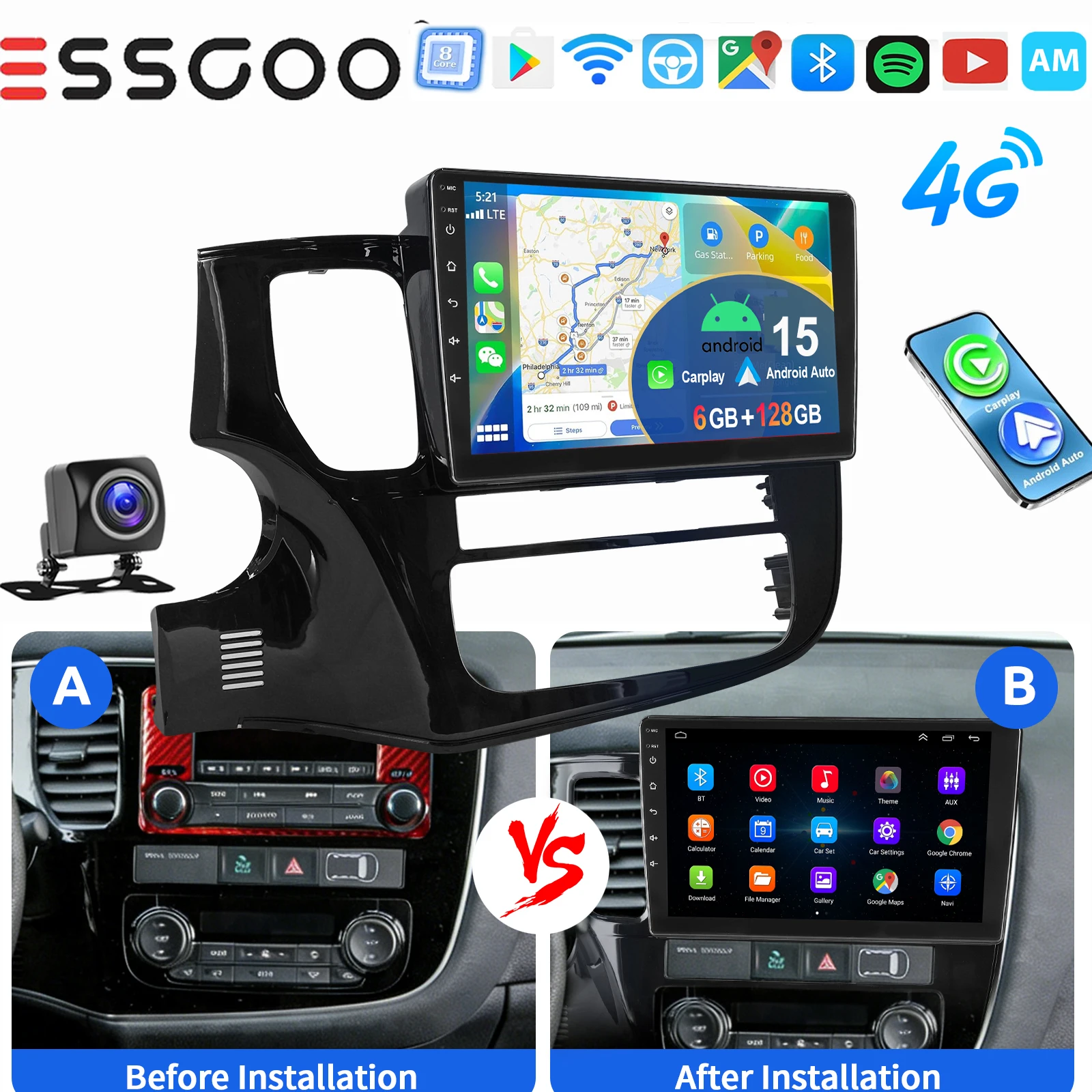 ESSGOO Draadloze Carplay Android auto 10 Inch IPS Aanraakscherm Voor Mitsubishi Outlander 2012-2018 Autoradio Android 15 GPS-navigatie WIFI Stuurwielbediening RDS Bluetooth FM Spiegellink ASP-geluid