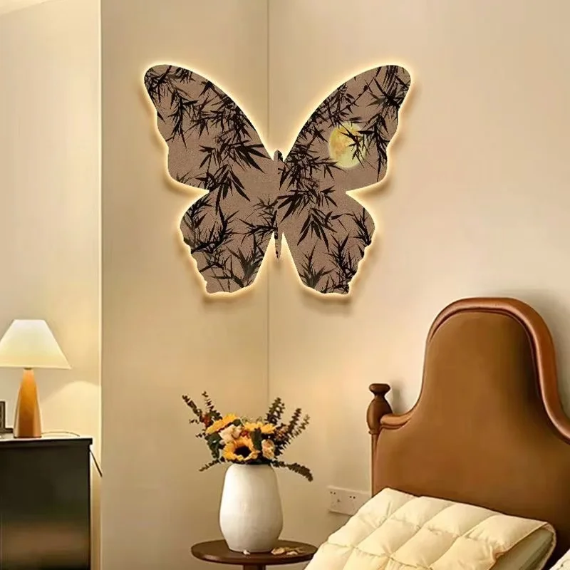 Mid ancient style butterfly corner lamp painting glowing 2024 new living room decoration painting high-end lobby hanging paintin