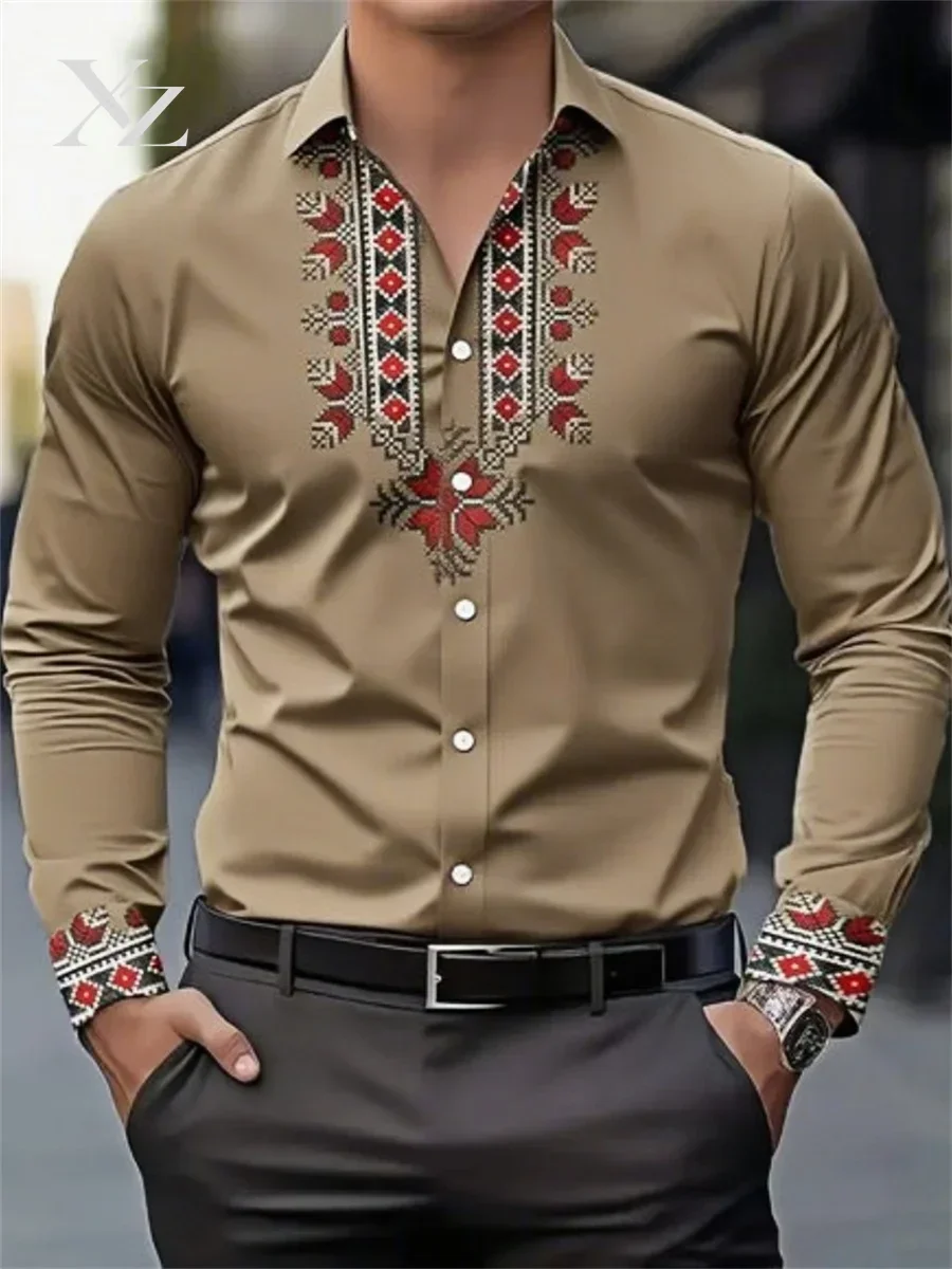 Men's Retro National Style 3D HD Print Long Sleeve Lapel Casual Shirt Spring Autumn All-Match Tops XS-6XL