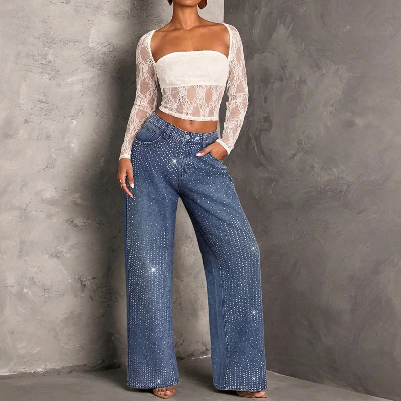 Benuynffy High Street Retro Diamonds Jeans Women's Spring Fall Mid Waisted Elastic Washed Loose Straight Wide Leg Denim Trousers