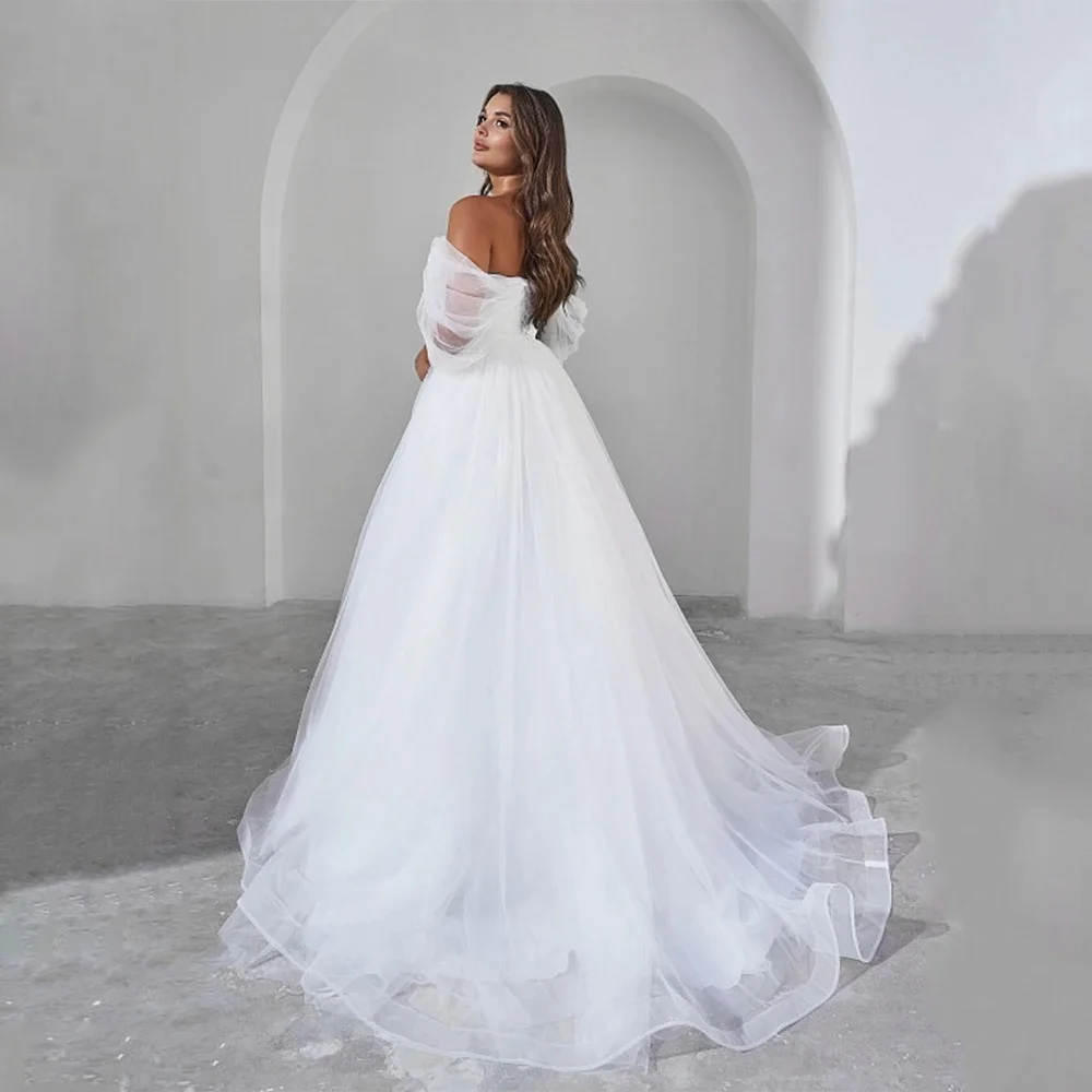 Customized Modern Wedding Dress Off The Shoulder V Neck Pleat Sweep Train Soft Tulle A Line Floor-Length Corset Bridal Gown 2026