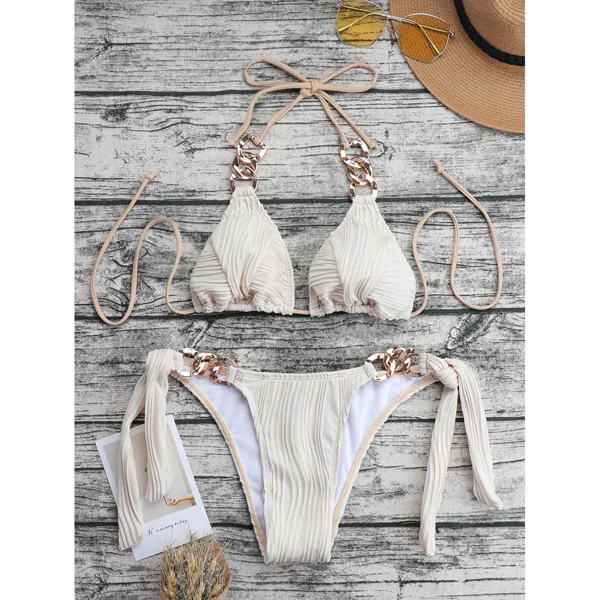 Ropa de baño Sexy para mujer, conjunto de Bikini sin aros, Top de tubo de poliéster de Color sólido, traje de baño Sexy para playa