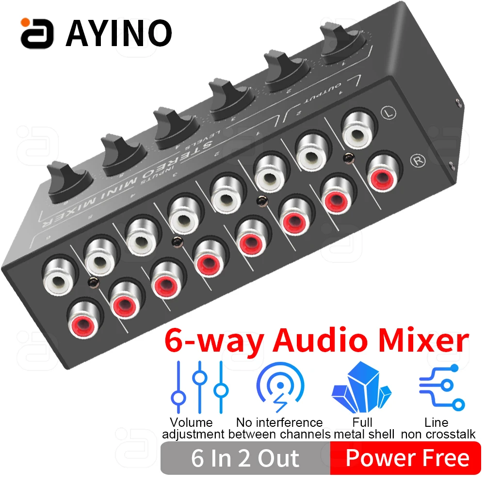 Mini Passive 6X2 Stereo Mixer L/R RCA Stereo expansion control multi-device 6 in 2 Out distribution Switcher adjustable volume