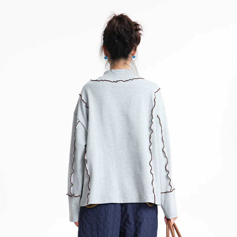 MOVEUP Long Sleeved Stand Up Collar T-Shirt Winter Contrasting Lines Cartoon Cat Embroidery Casual Top For Women 3EWD10501