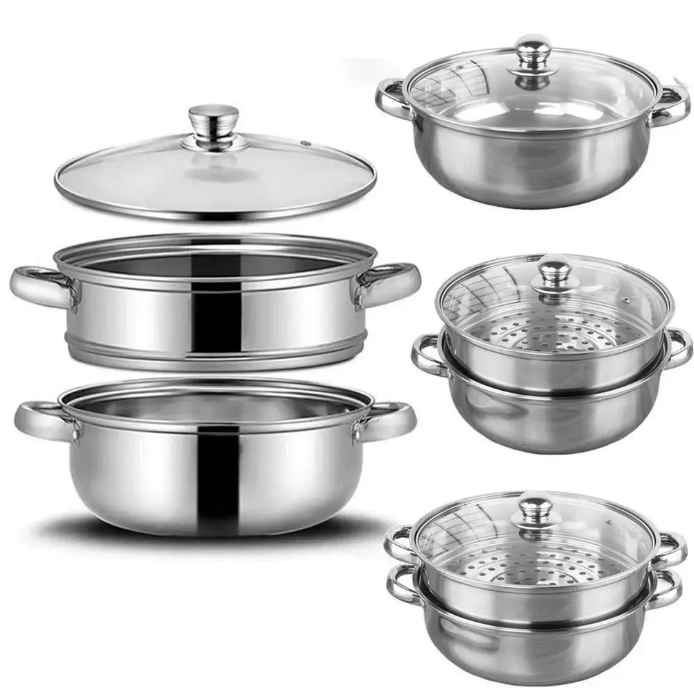 Stainless Steel Vegetable Steamer Pan Set Transparent 1/2/3-Layer Food Veg Cooker Pot Stacktable Glass Lid Double Boilers