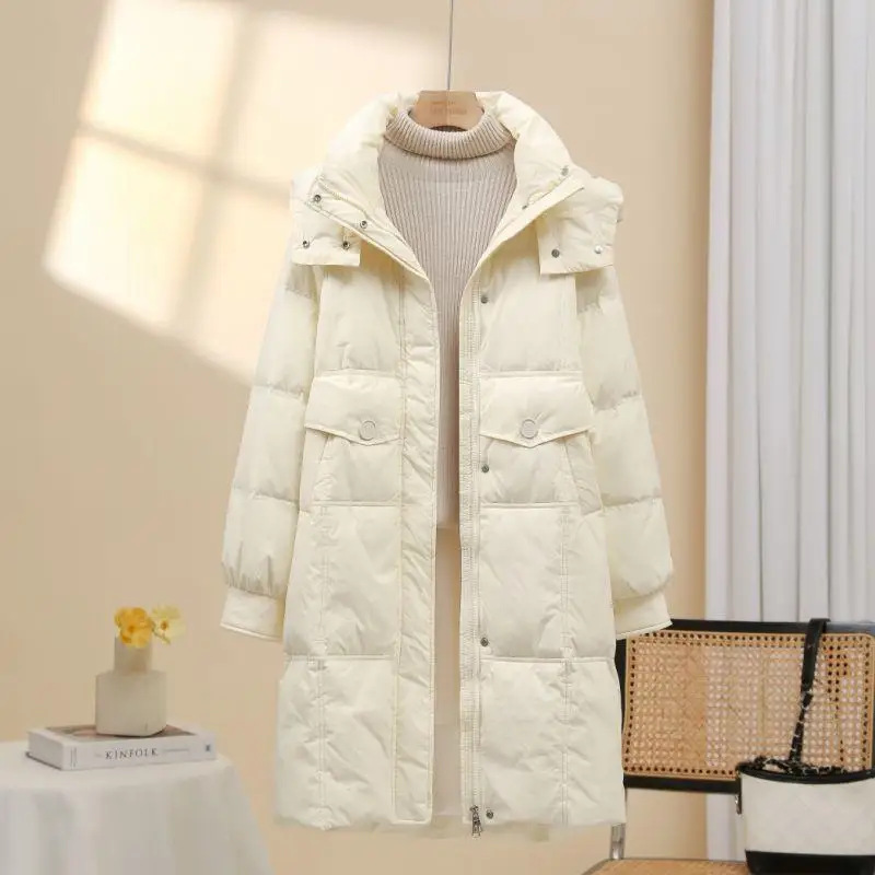 

Winter New Sle Korean Hat Du down Jaet Women's Mid-Length Faion Loose Thi Warm Outerwear Long Sve Zipper Closure