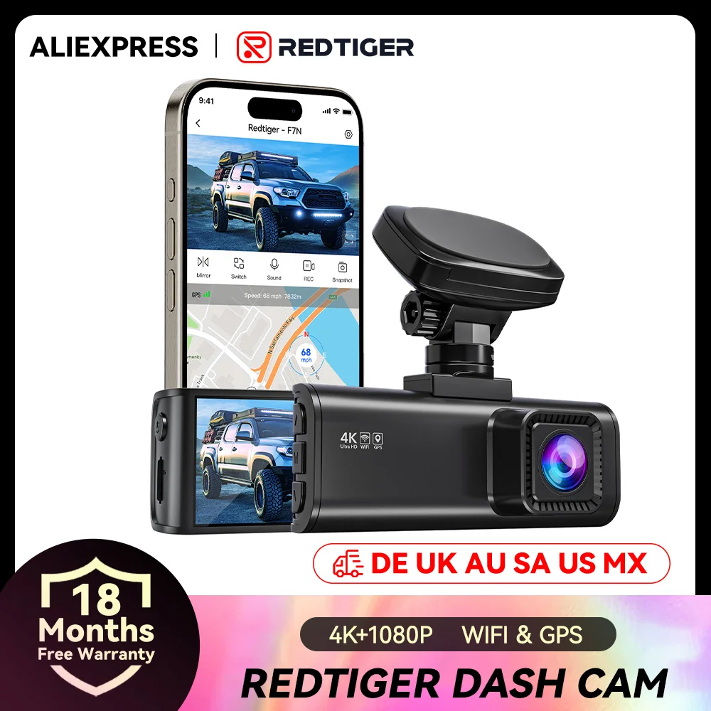 

Видеорегистратор REDTIGER F7N с камерами спереди и сзади, 4K, Wi-Fi, GPS, для круглосуточной записи, черный ящик для автомобиля
