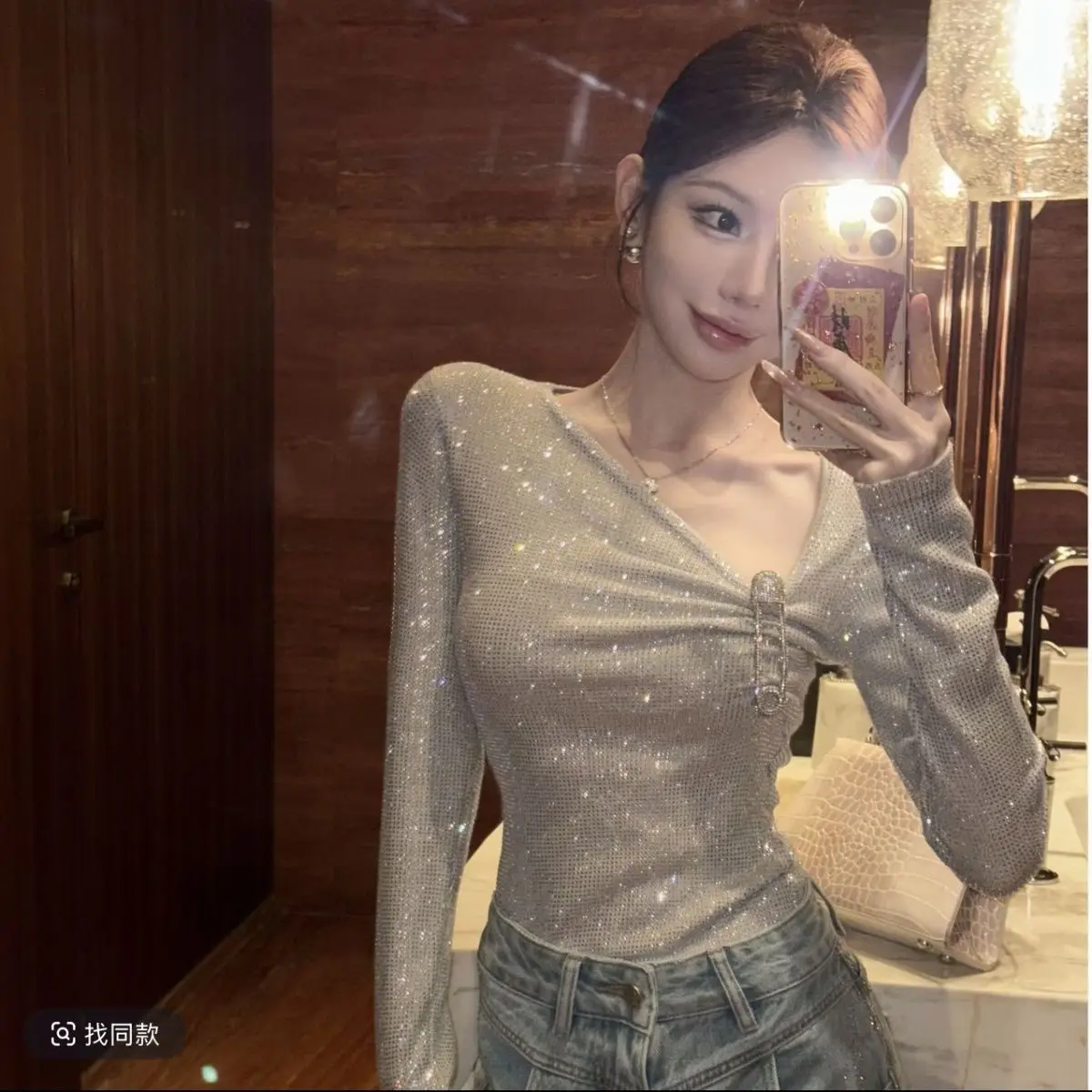 Fashion Base Layer Top Sequined T-shirt Long-sleeve New Slim Top Y2K Women Shirts Harajuku Women Clothes Vintage Tees New